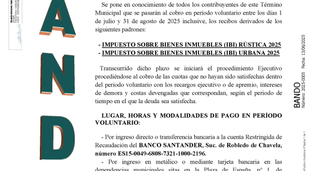 Bando: anuncio sobre recaudación municipal IBI RÚSTICA Y URBANA 2025